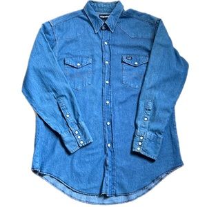 Vintage 80’s Wrangler Long Sleeved Denim Pearl Snap Western Shirt Sz 17x33 | XL